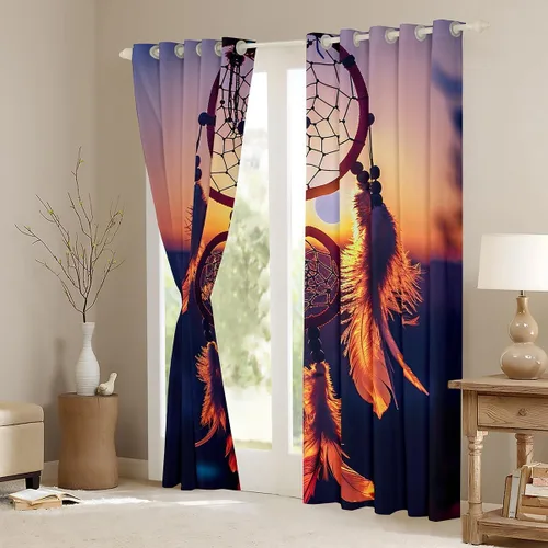 Vista 3 de Cortinas bohemias con atrapasueños para niñas, elegantes, bohemias, atrapasueños, cortinas de ventana de plumas hippie indias para niños