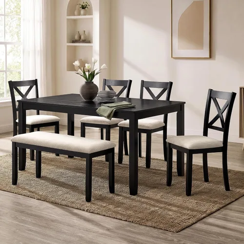 Vista 16 de Juego de mesa de comedor de 6 piezas con banco y 4 sillas Negro Beige-1