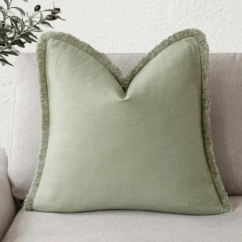 Vista 9 de Foindtower Fundas de almohada decorativas de lino con flecos, acogedora funda de cojín bohemia estilo farmhouse con borlas, funda de almohada