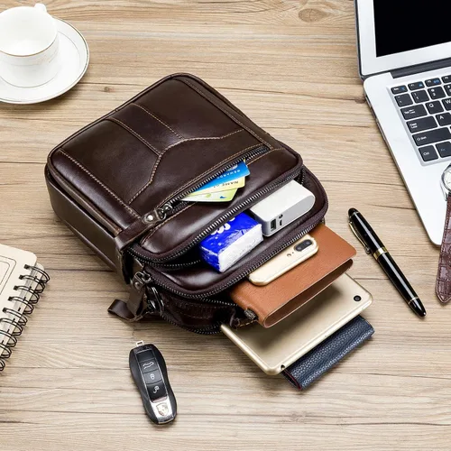 Vista 6 de BAIGIO Bolso bandolera de cuero genuino para hombre, bolso de mensajero pequeño para hombre, bolso de cuero para regalo de padre