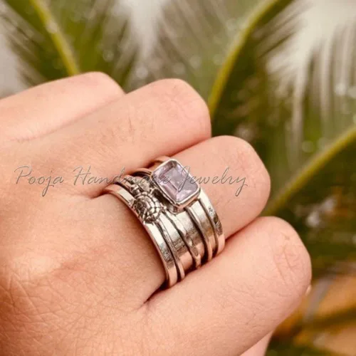 Vista 3 de Rose Quartz Ring Band, Spinner Ring Women, Handmade Spinner Ring, Tortuga Ring Silver, 925 Sterling Silver Ring, Fidget Spinner Ring Women, Gift For