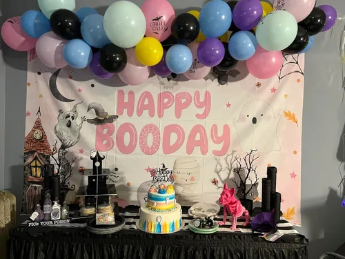 Vista 6 de Cheerland Arco de globos pastel de Halloween, decoraciones de cumpleaños de fantasma, globos de abucheo, decoraciones de Halloween pastel