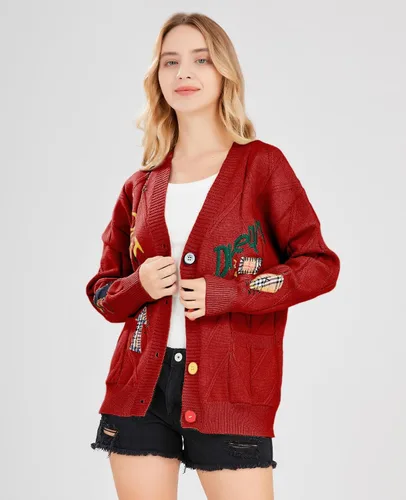 Vista 4 de Cárdigan de punto trenzado para mujer, manga larga, frente abierto, con cuello en V, con botones, bordado de mezcla de lana, abrigo para exteriores