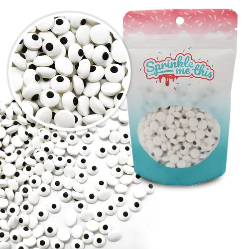 Vista 7 de Spooky Eye Toppers – Bolsa de dulces resellable de 4 onzas – Decoraciones comestibles para hornear – Ojos blancos divertidos para cupcakes