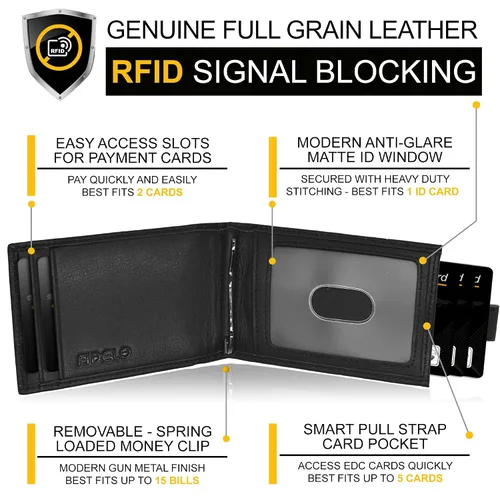 Vista 4 de Fidelo Billeteras plegables de cuero para hombre, carteras RFID de alta capacidad para hombres, billetera de lujo con múltiples compartimentos