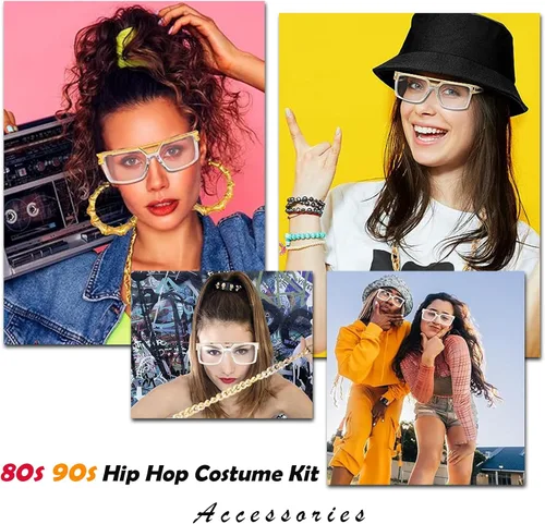 Vista 6 de TIDAXU Kit de disfraz de hip hop para adultos de los años 8090, cosplay de Halloween con accesorios de rapero, sombrero de pescador, collar dorado