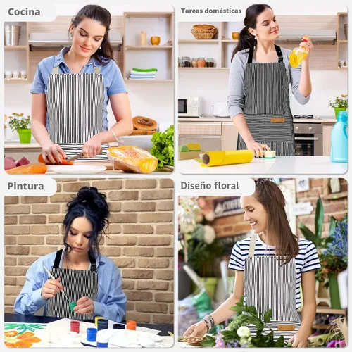 Vista 7 de Paquete de 2 delantales para mujer con bolsillos, delantal de cocina para hombres, delantal ajustable adecuado para chefs, camareros, horneado