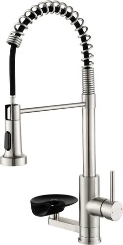 Vista 17 de Grifos de cocina con rociador de latón sólido con níquel de cepillado industrial, de una sola manija, grifo para granja, campamento, lavandería.
