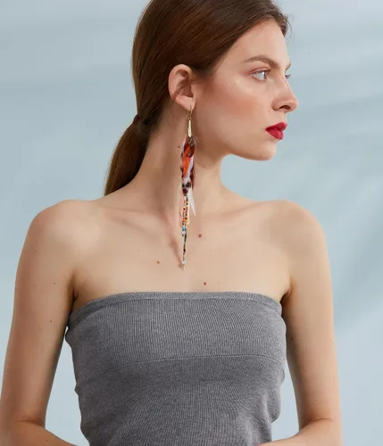 Vista 8 de Badu - Aretes de plumas para mujer, diseño de borla larga, joyería bohemia, accesorios de boda