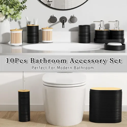 Vista 6 de XLHOMO Juego de 10 accesorios de baño color negro, juego de accesorios de baño de lujo con basura, cepillo de inodoro y 2 dispensadores de jabón