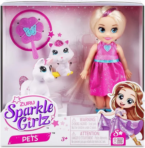 Vista 2 de Sparkle Girlz ZURU - Conjunto de muñeca y mascota de princesa, vestido azul y perro, 2 mascotas incluidas, muñeca de moda posable, vestido