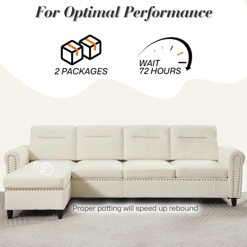 Vista 7 de Sofá modular en forma de L beige con otomana móvil para sala de estar, 106