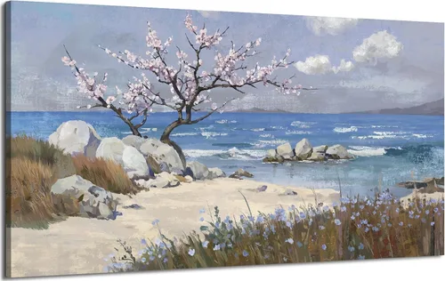 Vista 30 de Arte de pared para baño, decoración costera, barco náutico en la playa, lienzo con imagen de gaviota del océano, paisaje marino, arte de granja