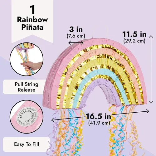 Vista 3 de BLUE PANDA Pull String Rainbow Pinata - Small 16.5 x 10 x 3 In Pastel - Mini Birthday Pinata for Rainbow Birthday Decor