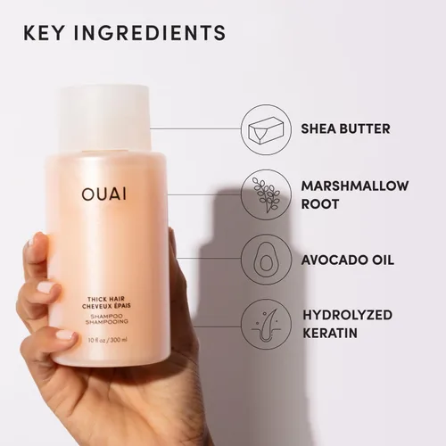 Vista 6 de OUAI Champú Espeso - Champú Hidratante con Queratina, Raíz de Malvavisco, Manteca de Karité, Aceite de Aguacate para Cabello Grueso - Fortalece e