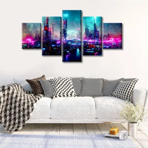 Vista 89 de Cuadros de 5 paneles de Cyberpunk City, arte de pared, representación de vallas publicitarias, edificios modernos en la capital con obras de arte