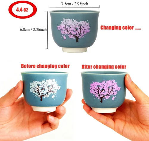 Vista 5 de Taza de té con flores de cerezo cambiantes sensibles al calor, 4.4 onzas, azul Estilo japonés, cambio de color, apto para lavavajillas, para té