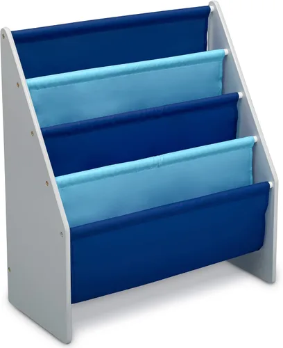 Vista 3 de Estantería para libros y juguetes Delta Children, en color gris/azul y organizador de juguetes Spider Man con contenedores de madera de ingeniería