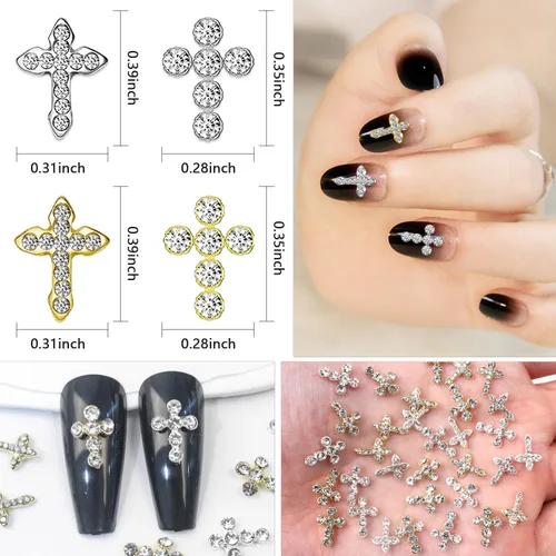 Vista 2 de 40 dijes de cruz 3D para uñas, dijes de cruz dorada y plateada para uñas, dijes de cruz con diamantes de imitación transparentes 3D, accesorios