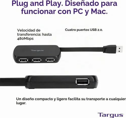 Vista 4 de Targus Concentrador USB 2.0 de 4 puertos, color negro, compatible con PC y Mac, elegante y apto para viajes (ACH114US)