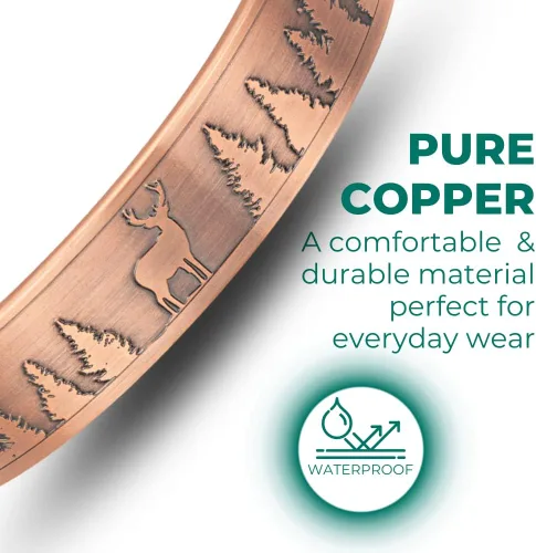 Vista 4 de Willis Judd Pulsera magnética de cobre puro para hombre, diseño de ciervo, vida silvestre de montaña, 8,5 pulgadas, Cobre, No es una piedra preciosa