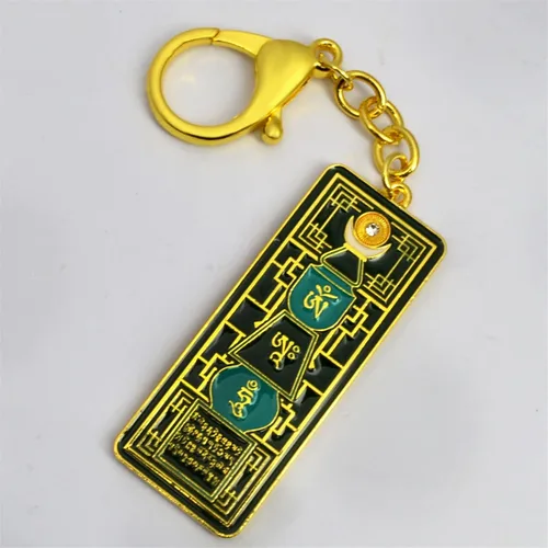 Vista 3 de Fengshuibringluck Llavero de pagoda esmeralda con regalo de amuleto Om Ah Hum - Adorno religioso colgante - Madera - Año Nuevo, Verde, Moderno
