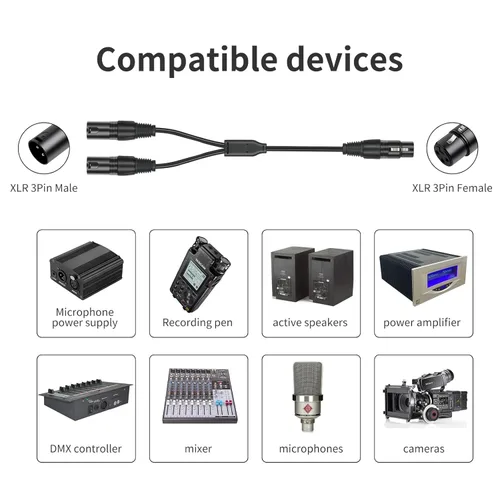 Vista 2 de Paquete de 2 divisores XLR Y, 1.5 pies XLR hembra a doble macho, cables de audio de micrófono equilibrados para micrófono estéreo a audio L & R