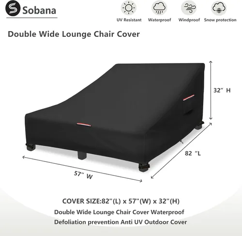 Vista 2 de Funda impermeable para tumbona doble, 600D resistente de 82 pulgadas de ancho doble para tumbona de patio, color negro