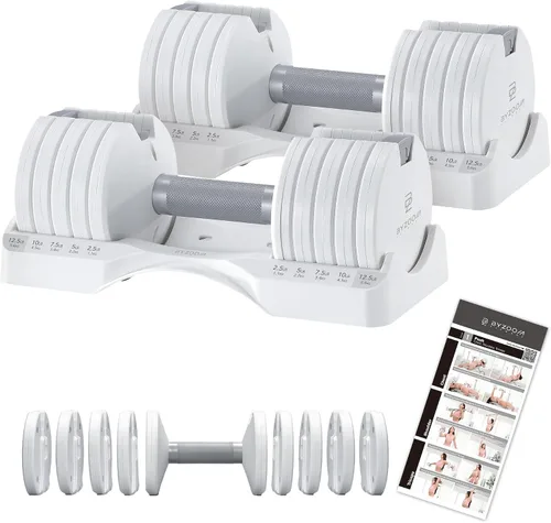 Vista 19 de ByZoom Fitness - Mancuerna ajustable de 12.5/25 libras – Unidad individual O juego de 2 – Peso ajustable 5-en-1 para gimnasio en casa, entrenamiento