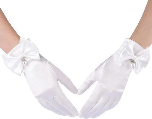 Vista 4 de Ayliss Guantes de boda de novia para mujer, guantes cortos de ópera de satén, guantes de vestido de muñeca de perla, guantes florales de fiesta