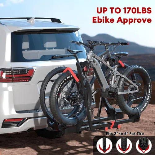 Vista 2 de Portabicicletas para 2 Bicicletas Eléctricas con Rampa para Enganche, Capacidad de 170 libras, Portador Plegable de Bicicletas Eléctricas para 2