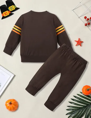 Vista 7 de WIQI Toddler Baby Boy Thanksgiving Outfit Turkey Letter Print Long Sleeve Striped Tops + Long Pants Thanksgiving Outfit Set