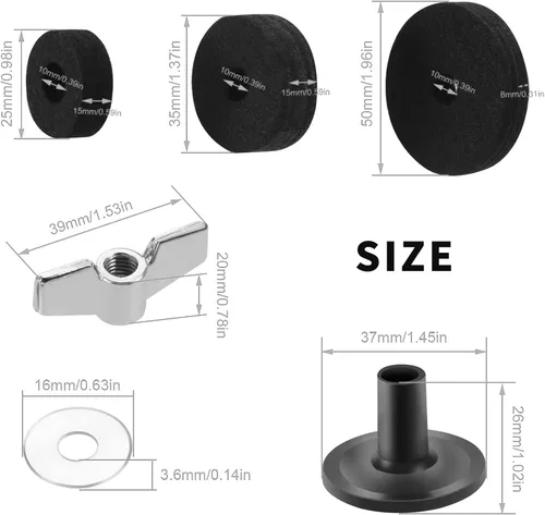 Vista 2 de 21 piezas de platillos accesorios de repuesto para platillos de fieltros, copa de fieltro de embrague Hi-Hat con mangas, tuercas de ala de base