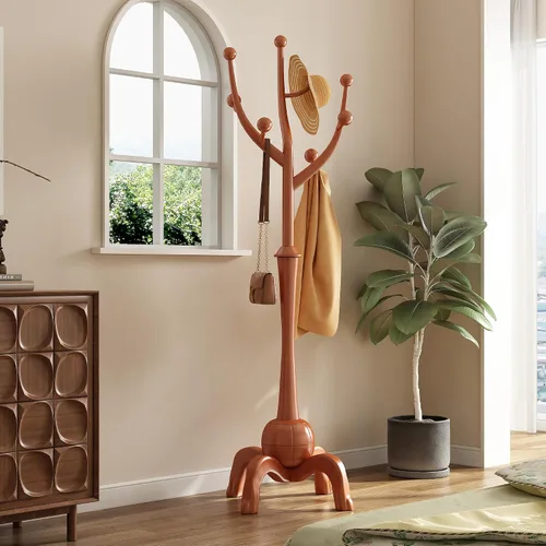 Vista 8 de Perchero independiente de madera con 8 ganchos de madera para sombrero, abrigo de árbol con base de esfera resistente y ganchos de ramas de árbol