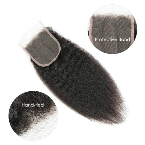 Vista 2 de Extensiones de cabello humano brasileño liso rizado de cierre 4x4 con parte libre marrón claro, encaje 150% de densidad, cabello Remy liso rizado