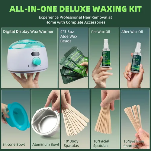 Vista 2 de VENNCO - Kit de depilación para mujeres y hombres, kit de calentador digital de cera para pieles sensibles, depilación gruesa, cuentas de cera dura
