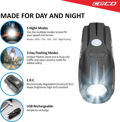 Vista 3 de CECO -Estados Unidos: Luz de bicicleta recargable USB de 1.200 lúmenes - Resistente y duradera IP67 impermeable y resistente a los impactos FL-1