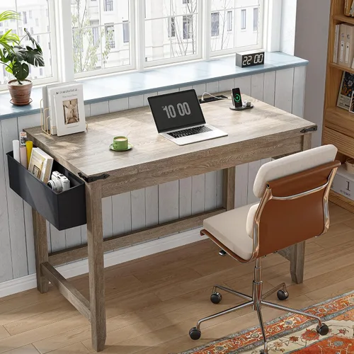 Vista 3 de EnHomee Escritorio rústico de 32 pulgadas, escritorio pequeño para dormitorio con toma de corriente y bolsa de almacenamiento, escritorio resistente