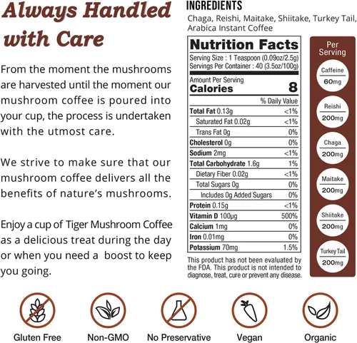 Vista 6 de Tiger Organic - Café instantáneo de 5 hongos, 30 porciones con 100% arábica, refuerzo del sistema inmunológico, reishi, maitake, shiitake, chaga