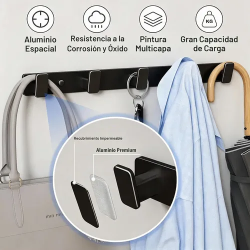 Vista 4 de Black Wall Mount Coat Rack, 5 Wall Hooks For Hanging Key Holder Hat Hooks Negro