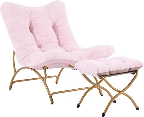 Vista 9 de Tiita - Silla acentuada perezosa con otomana, cómoda silla de ocio con estructura metálica y tela de felpa, silla reclinable acogedora con asiento