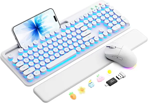 Vista 11 de Combo de teclado y mouse inalámbricos: teclado retroiluminado con reposamuñecas magnético y soporte para teléfono, teclas redondas iluminadas, juego