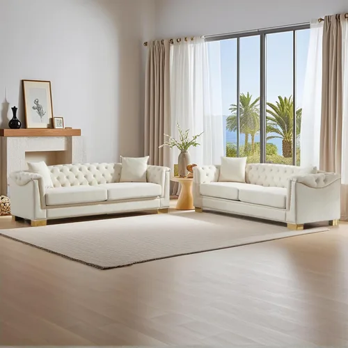 Vista 7 de Chesterfield - Juego de 2 sofás combinados de terciopelo de 3 plazas, 4 cojines clásicos de 6.5 pulgadas, brazo enrollado moderno adecuado para sala