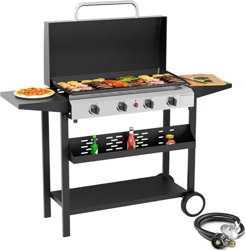 Vista 9 de SKOK Parrilla de gas de 3 quemadores con campana, parrilla de propano para exteriores de 25.6 pulgadas, parrilla de gas portátil con parte superior