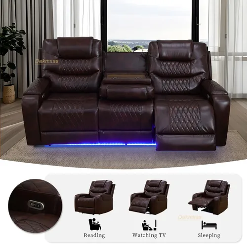Vista 116 de Juego de sofá reclinable eléctrico, seccional de cuero transpirable beige, juego de muebles de sala de estar, 2 piezas, sofá reclinable eléctrico