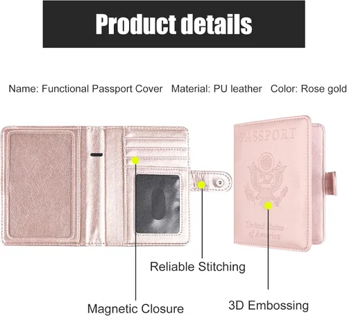 Vista 3 de Paquete de 1 funda de piel sintética para pasaporte y tarjeta de vacunación, funda funcional para documentos de viaje, múltiples ranuras