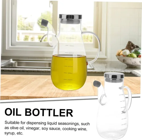 Vista 5 de Ciieeo Olla de aceite de vidrio de borosilicato con tapa de bambú a prueba de fugas y escala de medición, botella dispensadora de aceite de cocina