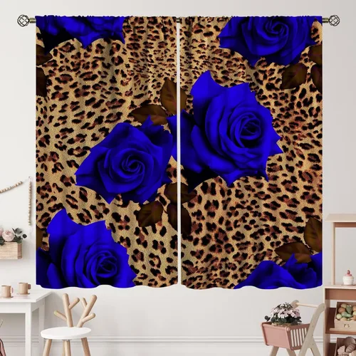 Vista 12 de Cortinas de leopardo con estampado de flores de guepardo y rosas de África, con bolsillo para cortinero, para dormitorio, sala de estar, decoración