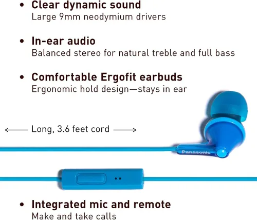 Vista 2 de Auriculares con cable Panasonic ErgoFit con micrófono, auriculares con cable de 3.5mm con micrófono y controlador de llamadas, auriculares Azul