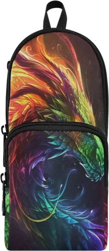 Vista 2 de Estuche para lápices de dragón arcoíris de gran capacidad, con compartimento, organizador de papelería con forma de mochila escolar